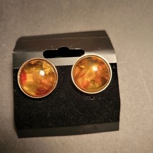 Vintage Amber and Gold Earings, 1" wide, Orange Colour. Boho Style